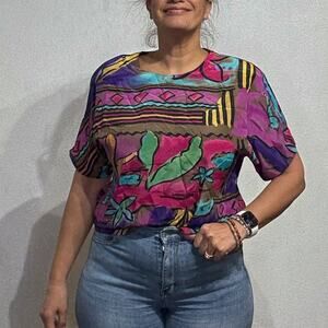 Le Caviar Blue Floral Vintage Blouse Sz L